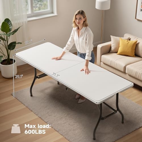 Folding Table 6 Foot - Heavy Duty 600LBS Capacity, Sturdy & Foldable Design with Safety Lock - Portable Tables Folding for Camping, Party, Indoor & Outdoor Use, 1 Pack
