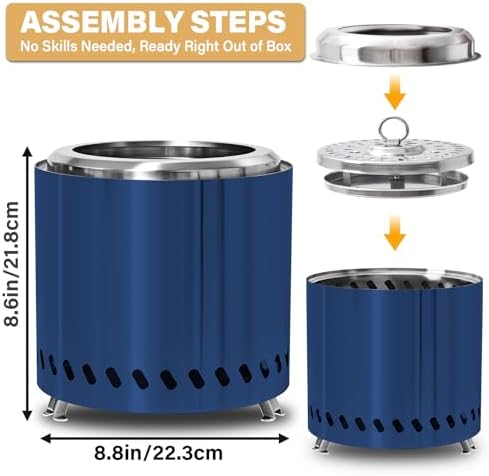 HGD Small Tabletop Fire Pit 8.8 x 8.6 in, Portable Mini Smokeless Table Top Firepit, Low Smoke Camping Stove for Outdoor & Patio, Fueled by Pellets or Wood, with Travel Bag, Stainless Steel, Blue