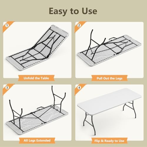 6FT Folding Table 6 Pack, Heavy Duty Fold in Half Plastic Tables with Carry Handle, Portable Indoor Outdoor Utility Table for Party, Picnic, Camping, Banquet, Wedding, RV Travel