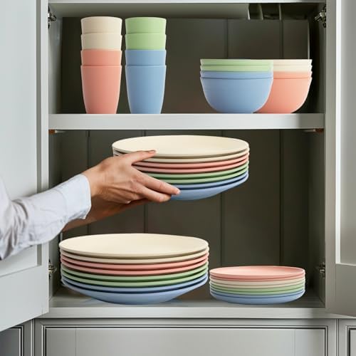 Wrova Wheat Straw Dinnerware Sets 40PCS, Unbreakable Plates and Bowls Sets Service for 8, Microwave and Dishwasher Safe Dish Set, Dinning Plates/Cereal Bowls/Drinking Cups for Kitchen,Camping-Nordic