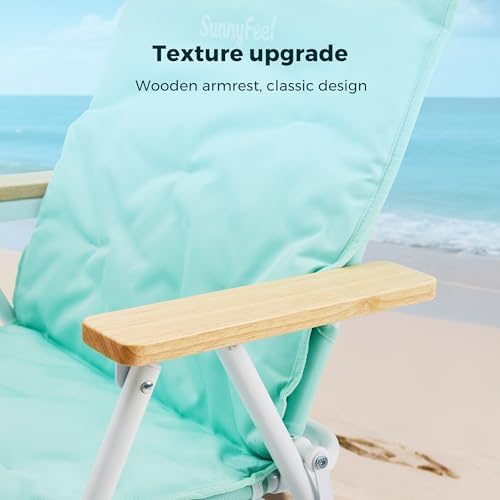 SUNNYFEEL Foldable Beach Chair, Beach Chair Backup with Wood Armrest & Cushion, Lightweight Camping Chair Heavy Duty for Beach, Camping, Lawn, Outdoor, Mint Green