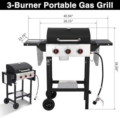 Propane Gas Grill with Folding Side Tables, 3-Burner Gas Grill with Cast Iron Grates and Stainless Steel Griddle Pan, Outdoor BBQ Grill Portable with Wheels 30,000 BTU Output