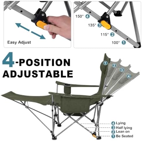 Romswi 2Pack 4-Position Reclining Camping Chair with Removable Footrest, 2-in-1 Adjustable Portable Lounge Chair with Cooler Bag, Cup Holder, Side Pockets & Carry Bag for Outdoor, Olive Green