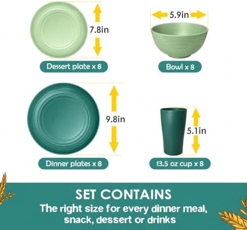 Teivio 32-Piece Kitchen Plastic Wheat Straw Dinnerware Set, Service for 8, Dinner Plates, Dessert Plate, Cereal Bowls, Cups, Unbreakable Colorful Plastic Outdoor Camping Dishes, Green Ombre