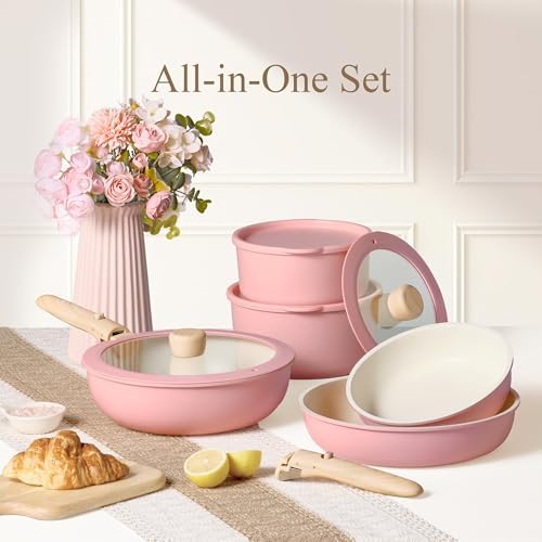 CAROTE 19pcs Pots and Pans Set Non Stick, Detachable Handle Cookware, Pink