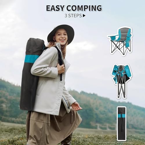 Oversized Padded Camping Chairs for Adults,Heavy Duty Support 400 Lbs,Folding Portable Lawn Chair w/Cup Holder,Cooler Bag,Side Pocket,Perfect for Outdoor Picnic,Hiking(Blue)