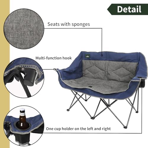 Northroad Folding Loveseat Camping Chair Portable Double Duo Full Padded Garden Chair for 2 Person Sofa w/ 2 Cup Holder,Wine Glass Holder,Mesh Storage,Support 500lbs for Picnic Beach Travel(Blue)