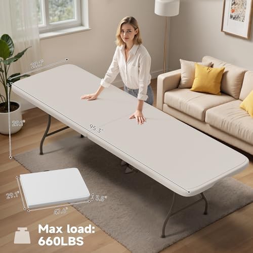 8ft Heavy Duty Folding Table - 660lb Capacity, Commercial Grade Steel Frame & Safety Lock. Portable for Indoor, Outdoor, Parties, Camping (1 Pack)