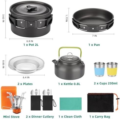 18pcs Camping Cookware Kit, Nonstick Pots Pans and Kettle Set