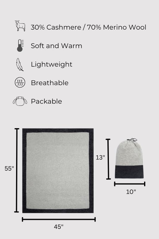 Jet&Bo Luxurious Cashmere Merino Blend Travel Blanket, Airplane-Ready in Packable Pouch, Soft, Lightweight and Breathable (Gray and Charcoal)