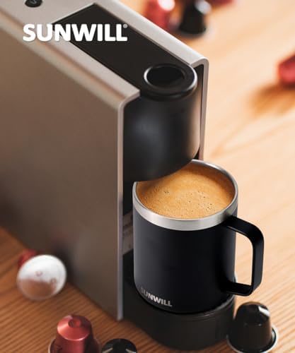 SUNWILL Travel Coffee Mug with Lid, Insulated Tumbler with Handle, 14oz Stainless Steel Cup for Camping, Outdoor, Powder Coated Black