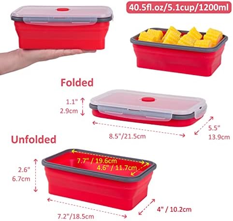 Collapsible Food Storage Containers with Airtight Lid & Air Vent, 40.5 oz, Kitchen Stacking Silicone Collapsible Meal Prep Container Set for Leftover, Microwave Freezer Dishwasher Safe, Red, Set of 4