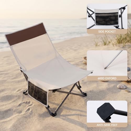 Compact Beach Chairs 2 Pack with 3-Position Lay Flat Low Portable Camping Chairs for Adults Folding Reclining Chairs for Beach, Lawn, Travel