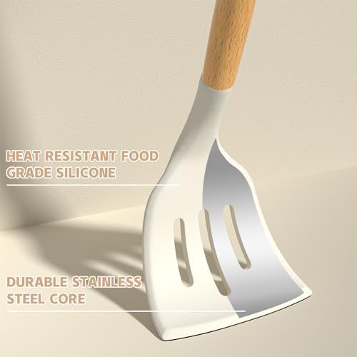 Umite Chef Kitchen Cooking Utensils Set, 33 pcs Non-stick Silicone Cooking Kitchen Utensils Spatula Set with Holder, Wooden Handle Silicone Kitchen Gadgets Utensil Set (Cream White)