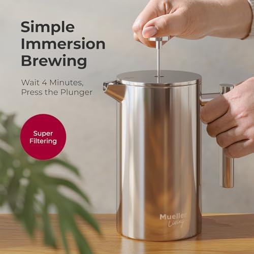 MuellerLiving French Press Coffee Maker 34oz, Stainless Steel French Press Coffee, 4 Filter Heat Resistant Double Insulated, Rust-Free, Food Grade, Dishwasher Safe Coffee Pot