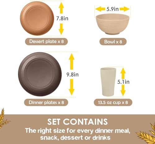 Teivio 32-Piece Kitchen Plastic Wheat Straw Dinnerware Set, Service for 8, Dinner Plates, Dessert Plate, Cereal Bowls, Cups, Unbreakable Colorful Plastic Outdoor Camping Dishes, Desert