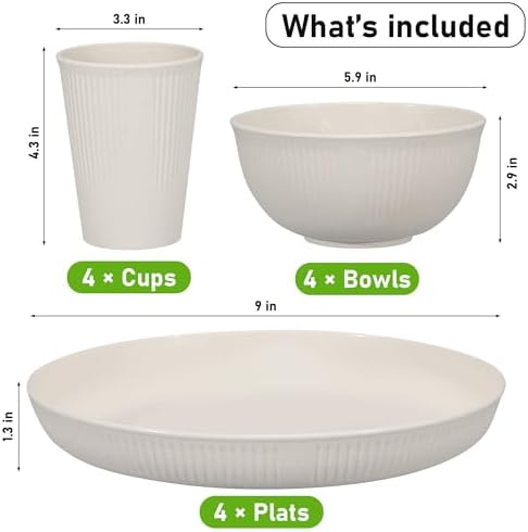 12pcs Wheat Straw Dinnerware Sets, Kitchen Unbreakable Wheat Straw Plates and Bowls Sets for College Dorm Apartment Reusable Beige