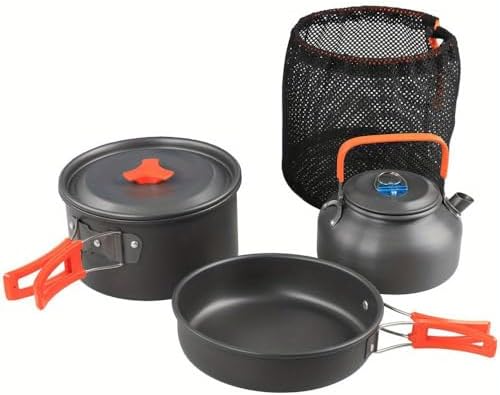 Portable Camping Cookware Set- Lightweight Aluminum Pot, Pan & Kettle with Foldable Handles for Backpacking, Hiking & Outdoor Cooking - Non-Stick, Space-Saving for 2-3 People