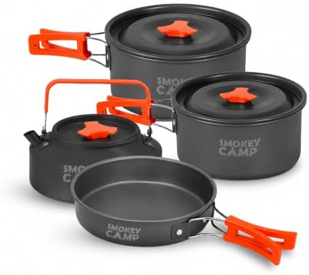 Smokey Camp Camping Cookware Mess Kit Set with Stove - Backpacking Camping Pots and Pans Set, All in One Non-Stick Camping Cooking Set, Portable Stove, Hiking, Picnic, Outdoor & Camping Cookware Set