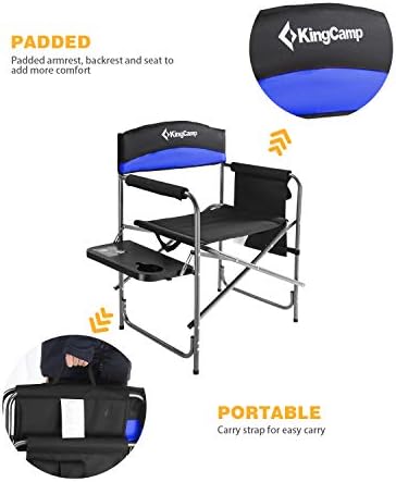 KingCamp Portable Camping Chair, Folding Directors Chair Compact Outdoor Chair with Side Table Cup Holder for Beach Trip Tailgating Lawn Sports Backpacking Fishing Picnic, Blue