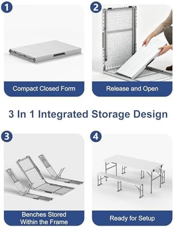 2pk Folding Table with 4 Benches Set for Camping, Picnic, White
