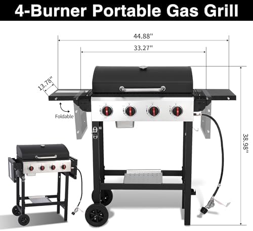 4 Burner Propane Gas Grill, Portable BBQ Grill with Cast Iron Grate & Griddle Pan, Folding Side Table for Camping Backyard, 40000 BTU Easy-Clean Outdoor Cooking