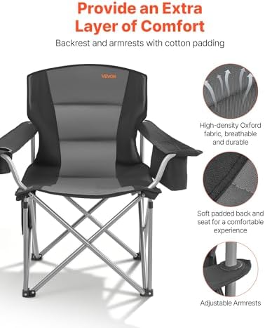 VEVOR Oversized Camping Folding Chair, Portable Heavy Duty Outdoor Quad Lumbar Back Padded with Side Pockets, Cup Holder and Cooler Bag for Beach, Lawn, Picnic, Fishing, Backpacking, 2 Pack