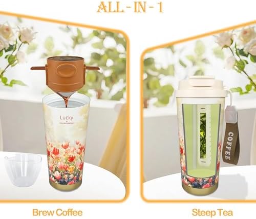 17oz Camping Coffee Makers with Ceramic Coating,Camp Pour Over Coffee Maker Set,Double Wall Vacuum Leak-Proof Mug for Office School Party Camping,Tea Infuser Mug for Loose Leaf Tea (17oz Lucky Tulip)