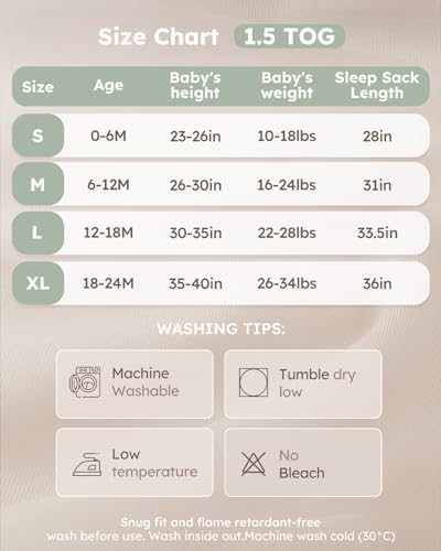 Yoofoss Baby Sleep Sack 12-18 Month 1.5TOG 100% Organic Cotton 2-Way Zipper