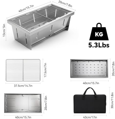 Portable Stainless Steel Charcoal Grill, Foldable Tabletop BBQ Grill for Camping, Backpacking, Hiking, Picnic - Ultra Compact & Lightweight