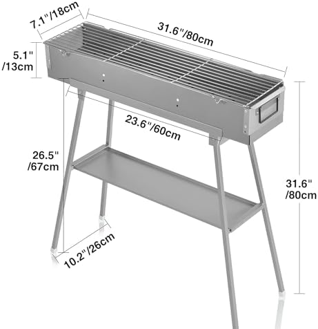 Portable Charcoal Grill with 12PCS 17" Wooden Handle Skewers, Heavy Duty BBQ Grill with Folding Legs and 31.6x7.1" Cooking Area, Kebab Grill for Outdoor Backyard Picnic Camping Party
