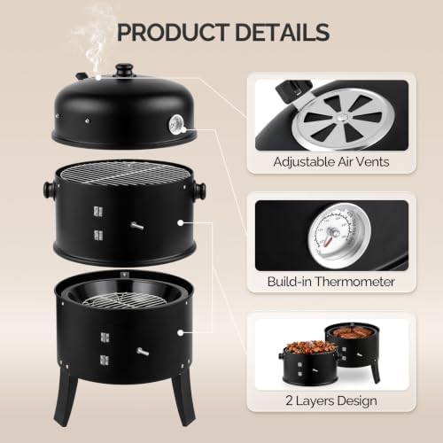 VINGLI 18 Inch Multi-Layer Charcoal BBQ Smoker Grill, Heavy Duty Round Grill, Vertical Smoker with Thermometer, for Outdoor Cooking, Patio, Parties, Backyard