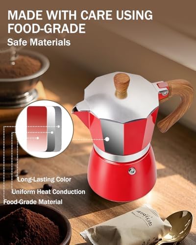Coffee Maker Stovetop Espresso Maker 12 Cup Aluminum Moka Pot Percolator 20oz 600ml Easy Brewing for Electric Ceramic Stoves Home Camping Italian Cuban Café Classic Red