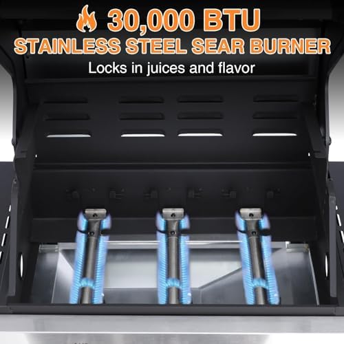 3-Burner Propane Gas Grill with Double-layer Lid, Stainless Steel Hanging Basket & Easy-to-Clean Design – 30,000 BTU BBQ Grill with 2 Folding Sides and Wheels for Outdoor Backyard Patio