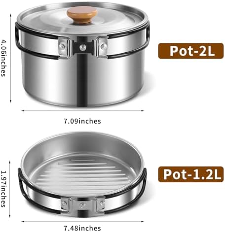 11Pcs Camping Cookware Set,Portable Camping Essentials with Accessories,Stainless Steel Lightweight Nonstick Pots、Pans、Bowls and Utensils for Backpacking RV Tailgating Cooking and Outdoor Cooking