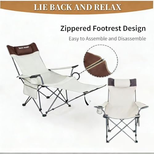 2 Pack Adjustable Folding Camping Chairs with Detachable Footrest and Headrest, Lightweight and Portable, Ideal for Hiking, Travel, Fishing and Outdoor Activities (Beige)