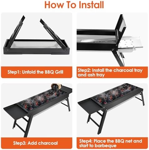 KOCASO Foldable Charcoal BBQ Grill with Shelf Stainless Steel Grill Net Easy Setup Portable Tabletop Barbecue Grill for Camping Picnic Outdoor Party Backyard