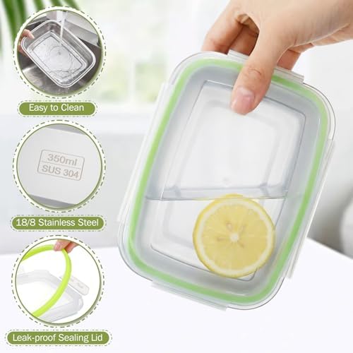 8 Pcs 304 Stainless Steel Food Storage Containers with Lids Leakproof, Reusable Airtight Meal Preparation Container Round and Square Stackable Food Container for Kitchen Picnic(Green Lids)