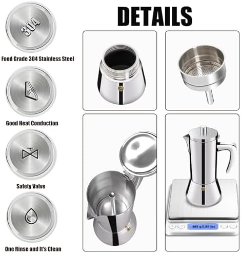 2 Cup Thickened 304 Stainless Steel Moka Pot Stovetop Espresso Maker Cafeteras Italian Percolator Espress Makers Capable Greca Mocha Coffee Machine for Induction Home and Camping 100ml 3.4oz