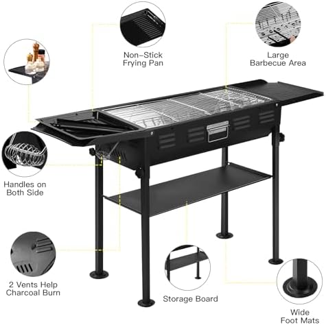comzenz 35’’ Portable Charcoal Grill Folding BBQ Grill for Outdoor Grilling Cooking Camping Hiking Picnics Tailgating Backpacking Party, With Storage Bag & Non-Stick Frying Pan, Matte Black