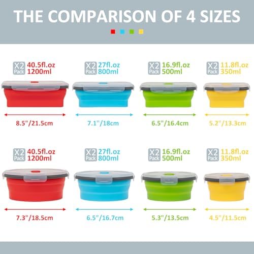 Collapsible Silicone Food Storage Containers Set with Lid & Air Vent, Foldable Lunch Containers, 16 Pack (8 Rectangular + 8 Round Bowls), BPA-Free, Space-Saving