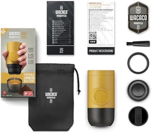 WACACO Minipresso GR2, Portable Espresso Maker Compatible Ground Coffee, Espresso Machine 18 Bar Manually Operated (Golden Ochre)