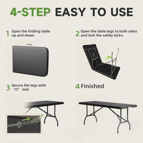 Heavy Duty Folding Table, Sturdy Portable Foldable Table with Safety Lock, Indoor Outdoor Use for Camping Party, 6/8 Foot (Standard, Black, 6FT-10 Pack)
