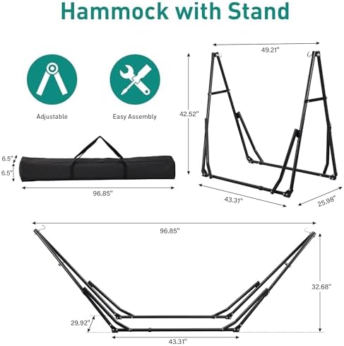 Ainfox Hammock with Foldable Stand, 2 in 1 Hammock and Swinging Chair with Carrying Bag, Portable Camping Chair Suitable for Outside, Swing,Patio,Garden,Camping Trip Grey