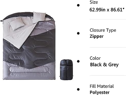 oaskys Double Sleeping Bag for Adults with 2 Pillows - Queen Size XL Waterproof Sleeping Bag for All Season Camping Hiking Backpacking 2 Person Sleeping Bags for Cold Weather & Warm
