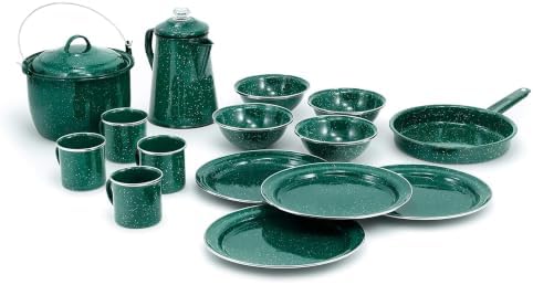 GSI Outdoors Camp Dinnerware Set I 4-Person Set Includes Pioneer Enamel Percolator, Frypan, Kettle, Bowls, Plates & Coffee Mugs