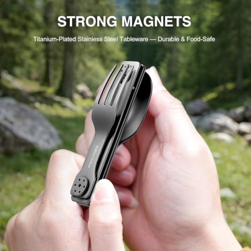 ROXON 3-in-1 Camping Utensils Set (Knife, Spoon, Fork) Titanium-Plated Grey