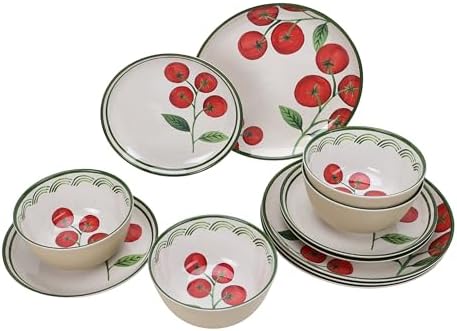 12-Piece Tomato Beige Bamboo Melamine Dinnerware Set, Reusable Dishwasher Safe Plates & Bowls Combo, Lightweight Sturdy Indoor Outdoor Tableware Service For 4 People