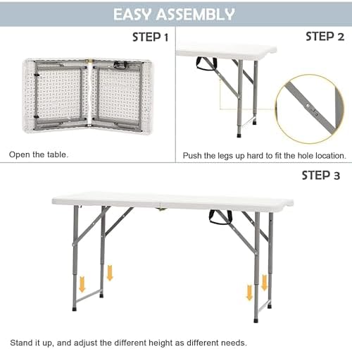 SKONYON 4 Foot Folding Table Heavy Duty Portable Fold-in-Half Plastic Utility Table Small Indoor Outdoor Adjustable Height Folding with Carrying Handle, Camping and Party, Portable White