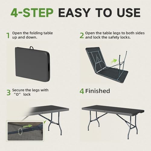 6 Foot Folding Table Black, Sturdy 330LBS Capacity, Reinforced Steel Legs, Foldable with Safety Lock, Portable for Parties, Picnics, Camping, 1 Pack